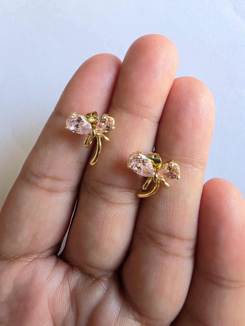 ✨ Gold Plated Pink Crystal Bow Stud Earrings Coquette Ribbon Sparkle Gift New